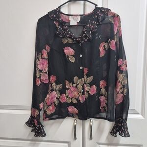 VTG TESS Sheer Silk Floral Ruffle Blouse Womens Size 6, Whimsigoth, Feminine